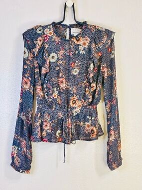 Lost + Wander Ruffle Peplum Blouse - Navy Floral Sz.S